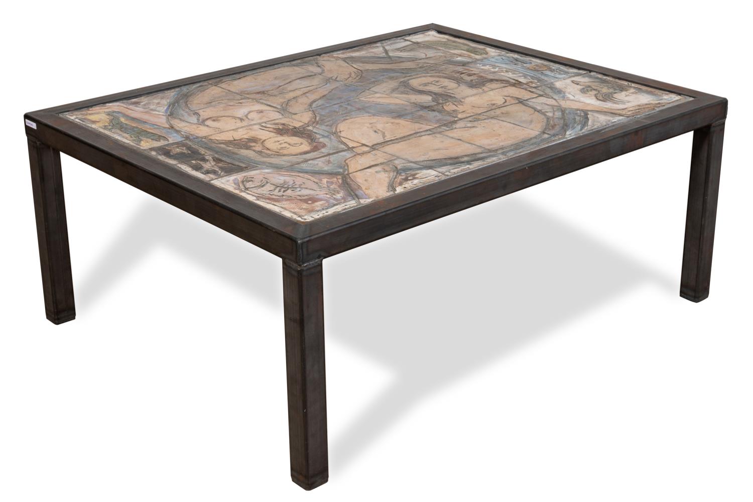 Appraisal: RON MEYERS FIGURAL TILE STEEL FRAME COFFEE TABLE Ron Meyers