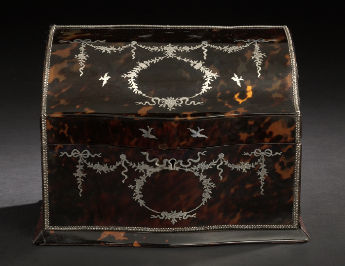 Appraisal: Grand Edwardian Silver-Inlaid Tortoiseshell Serpentine-Front Stationery Box first quarter th