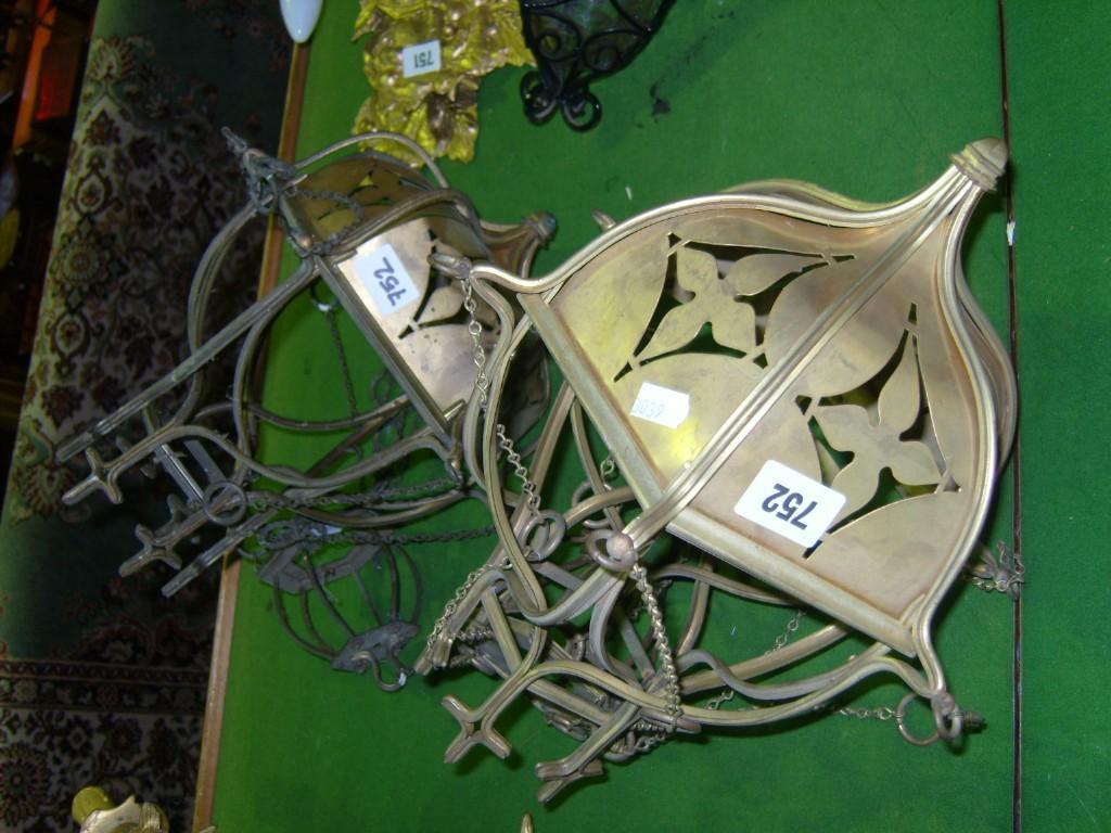 Appraisal: A pair of early th century brass hanging shades in