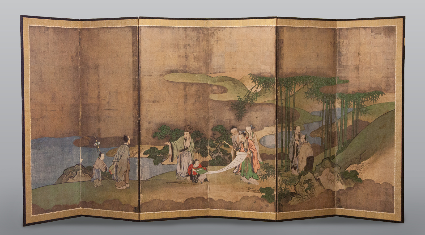 Appraisal: Chinese Folding Screen Immortals with painted gilded faces with silk