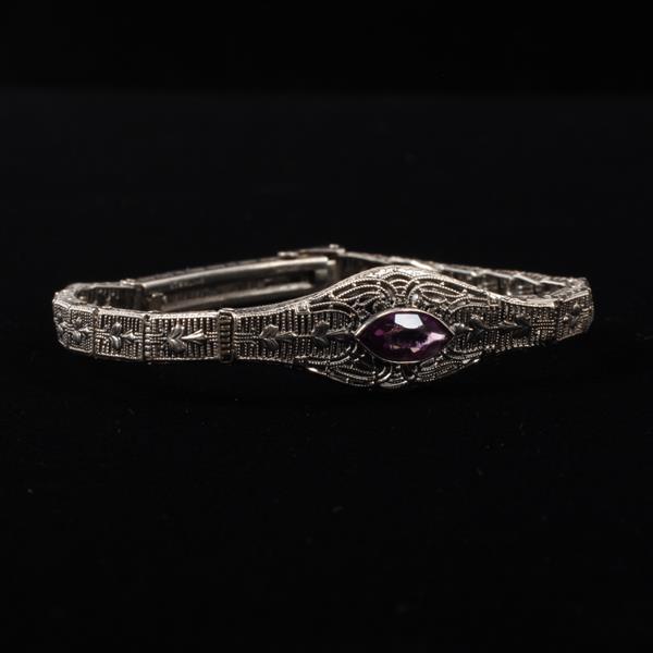 Appraisal: Edwardian Art Deco Sterling Silver Filigree Bracelet with Purple Paste