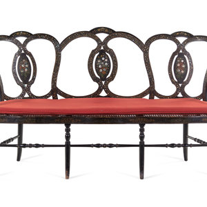 Appraisal: A French Painted and Mother-of-Pearl Inlaid Black Painted Hall Bench