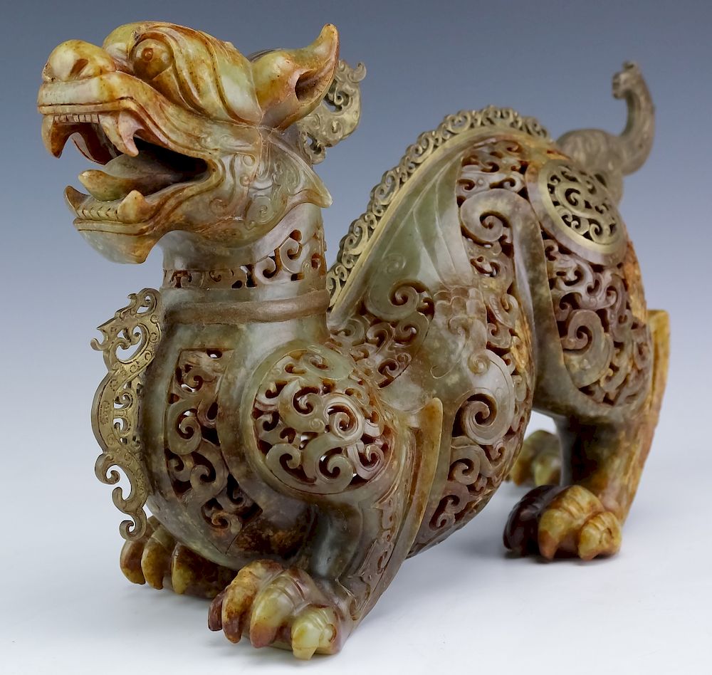 Appraisal: Chinese Reticulated Jade Bronze Foo Dog Figure Fine Chinese jade