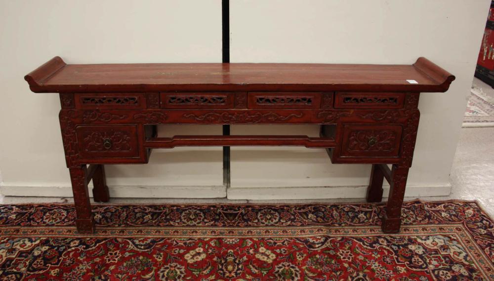 Appraisal: CHINESE MING STYLE ALTAR TABLE relief carved with red finish