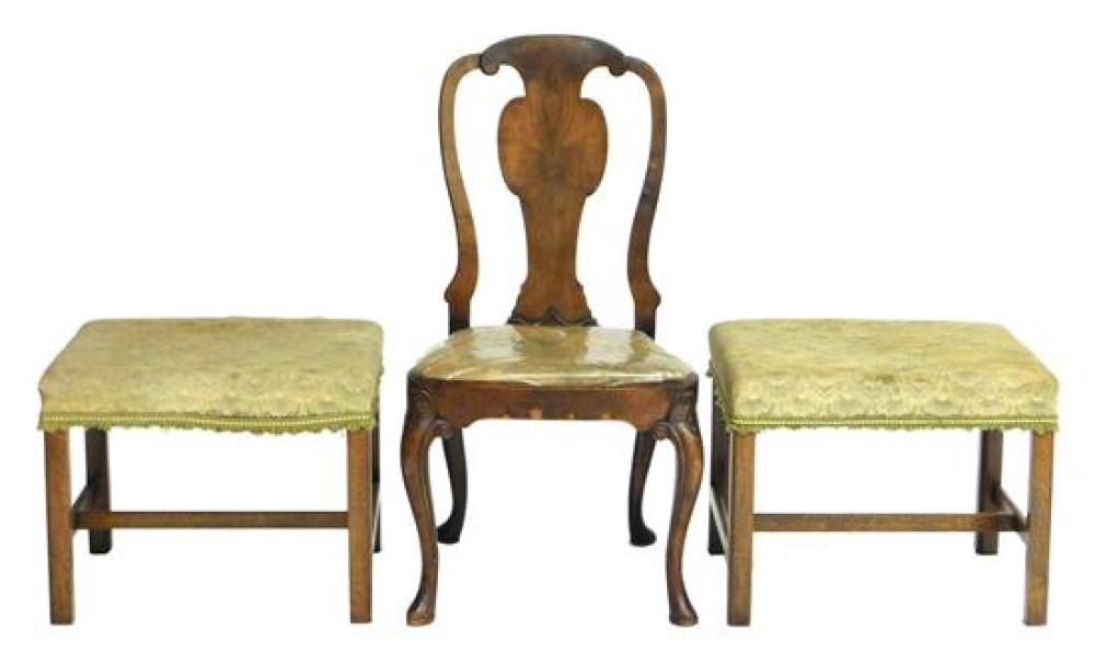 Appraisal: Queen Anne style side chair and two Chippendale form stools