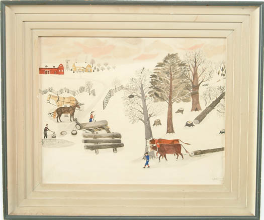 Appraisal: C B ALLERTON American th Century PRIMITIVE WINTER FARMING SCENE