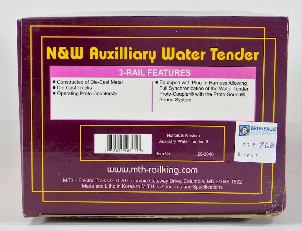 Appraisal: MTH Norfolk Western Auxiliary Water Tender II United States Contemporary