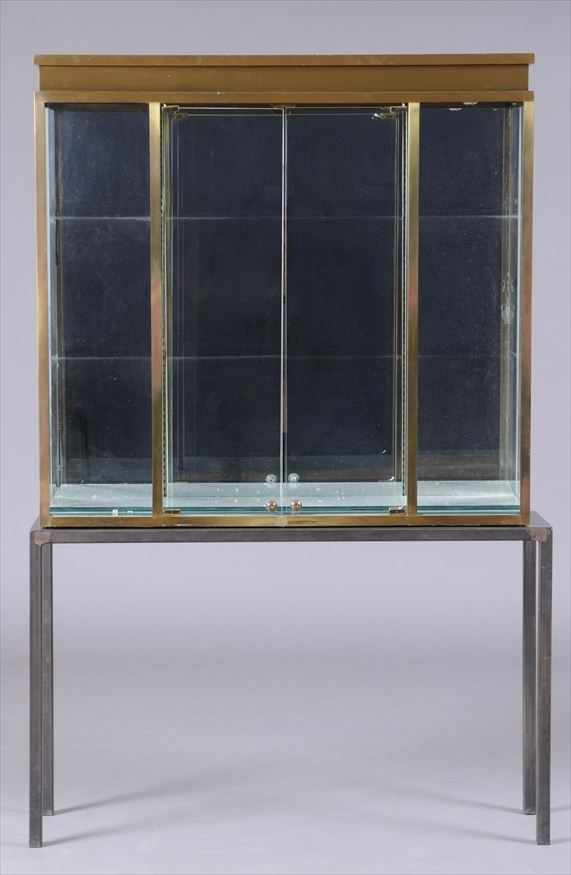 Appraisal: CONTEMPORARY BRUSHED BRASS VITRINE CABINET ON STEEL STAND The vitrine