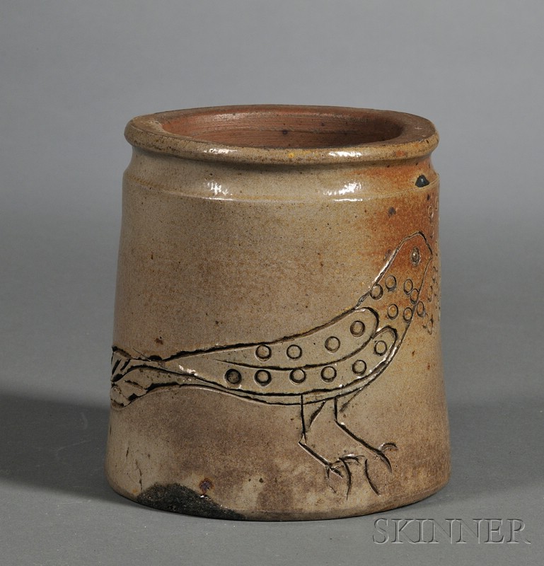 Appraisal: Small Stoneware Jar with Incised Bird Motif Pennsylvania th century