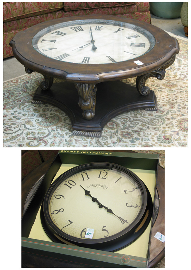 Appraisal: WALL CLOCK AND CLOCK COFFEE TABLE round diameter antique reproduction