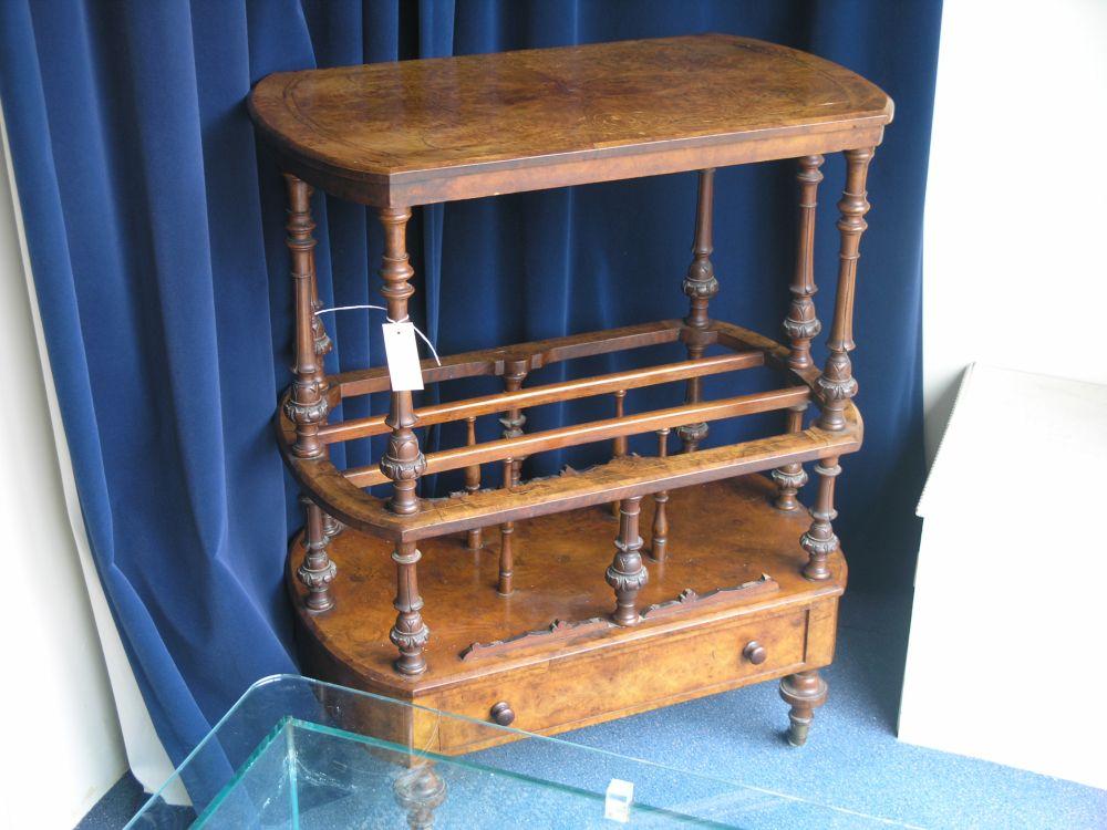 Appraisal: A Victorian inlaid burr walnut Canterbury-Whatnot quarter veneered top on