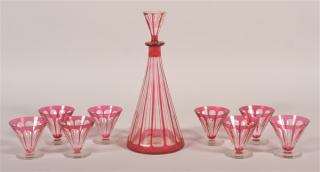 Appraisal: Cranberry Cut to Clear Glass Piece Liquor Set Decanter measures