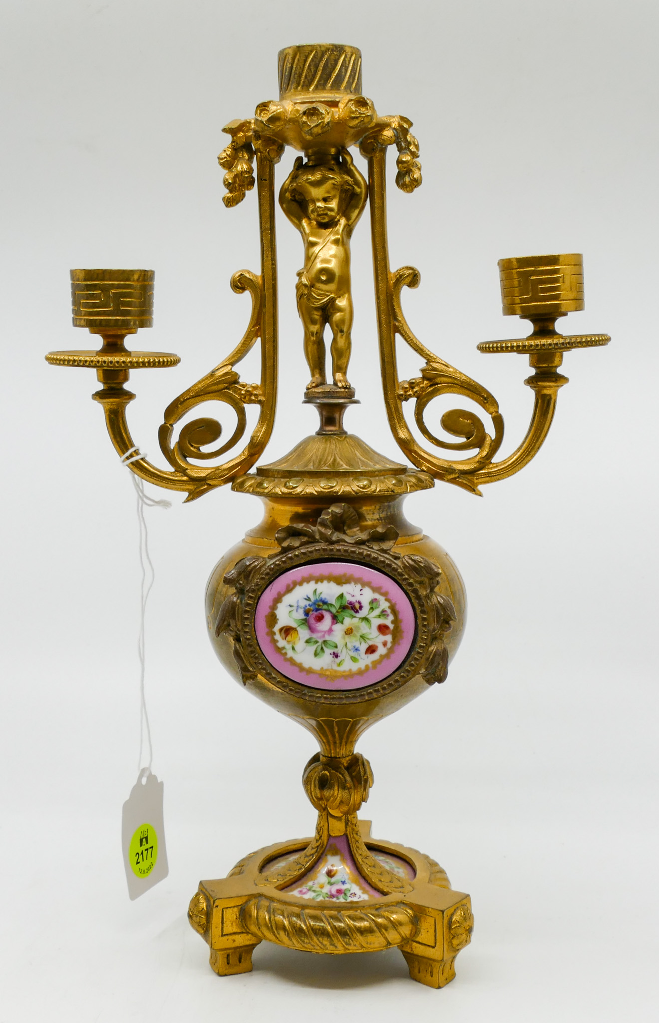 Appraisal: Antique French Gilt Bronze Cherub Candelabra '' - Floral porcelain