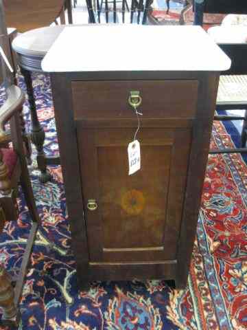 Appraisal: Mahogany Marble Top Bedside Cabinet drawer over door fancy inlay