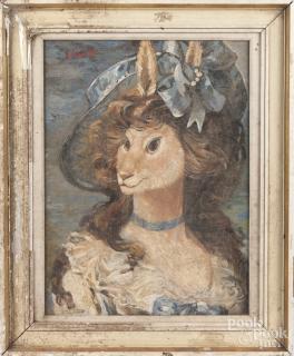 Appraisal: Oil on canvas of a female hare in sunbonnet signed