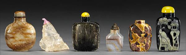 Appraisal: A group of five hardstone snuff bottles Including one carved