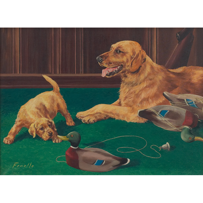 Appraisal: Stanford Fenelle American - ''Dogs and Decoys '' c oil