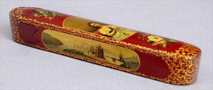 Appraisal: PERSIAN MAROON-GROUND LACQUER PEN BOX WITH EUROPEAN SUBJECTS The sliding