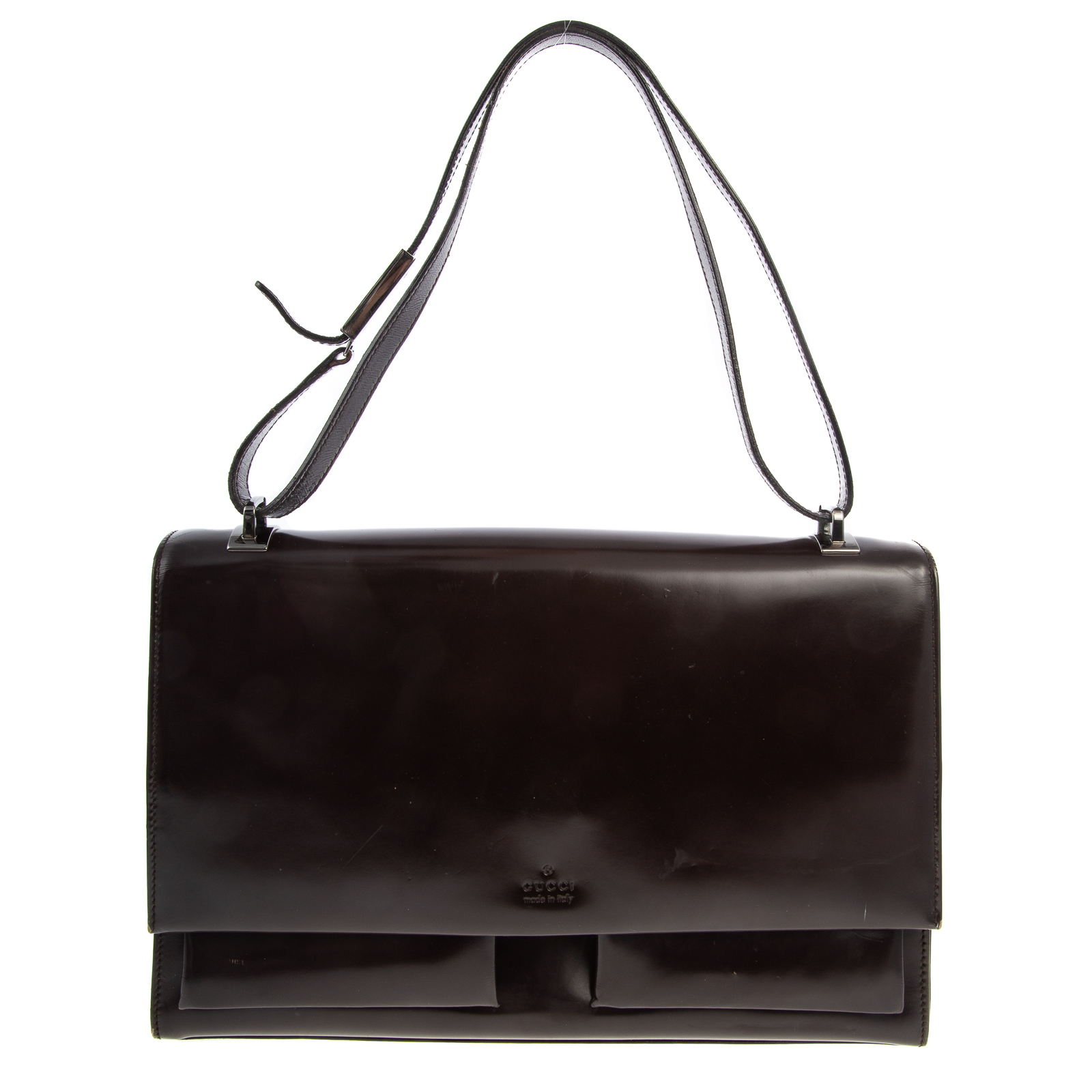 Appraisal: A GUCCI RECTANGULAR FLAP BAG A brown patent leather Gucci