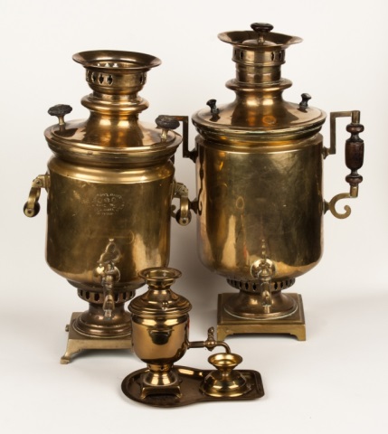 Appraisal: Three Russian brass samovars first quarter- th century two wood