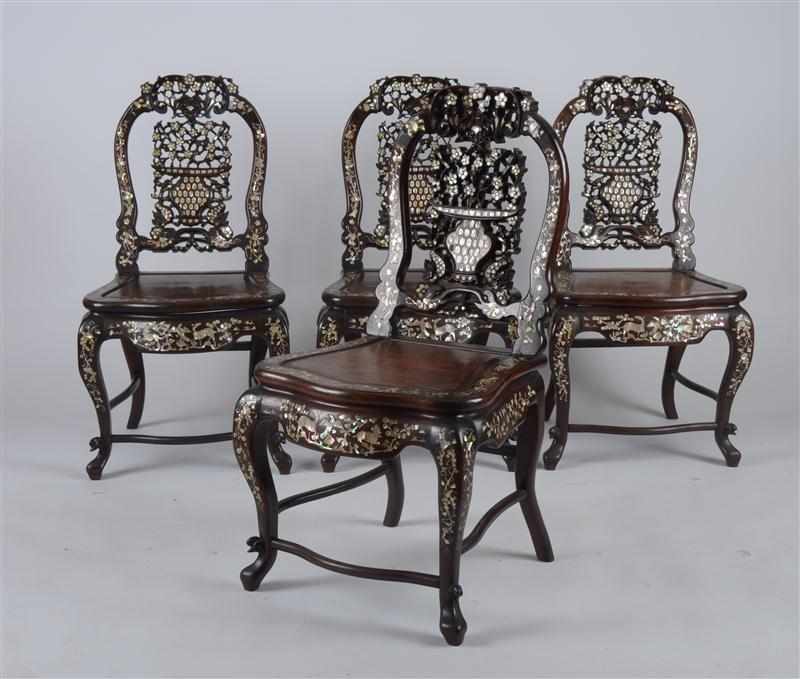 Appraisal: SET OF FOUR CHINESE CARVED AND MOTHER-OF-PEARL INLAID ROSEWOOD SIDE