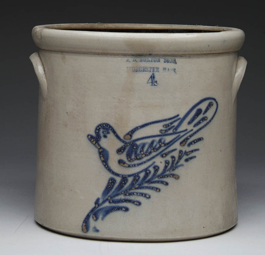 Appraisal: FOUR GALLON BIRD STONEWARE CROCK Open top large crock has