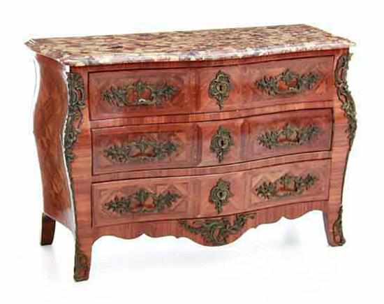 Appraisal: Louis XV style parquetry-inlaid marbletop commode early th century shaped