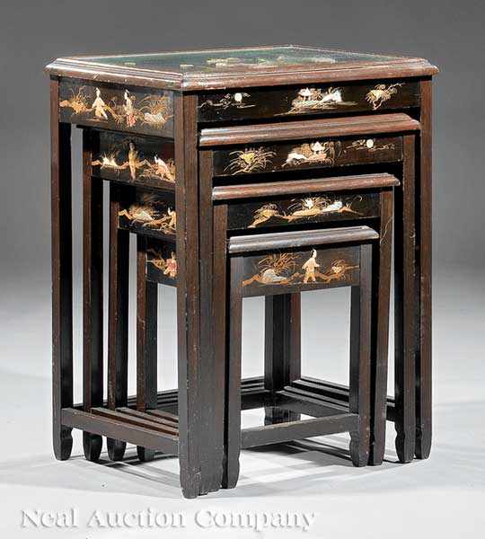 Appraisal: A Set of Chinoiserie Black Lacquered Hardstone and Gilt Quartetto