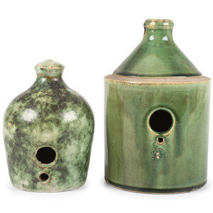 Appraisal: Two Stoneware Birdhouses in Green Glaze both unmarked Height of