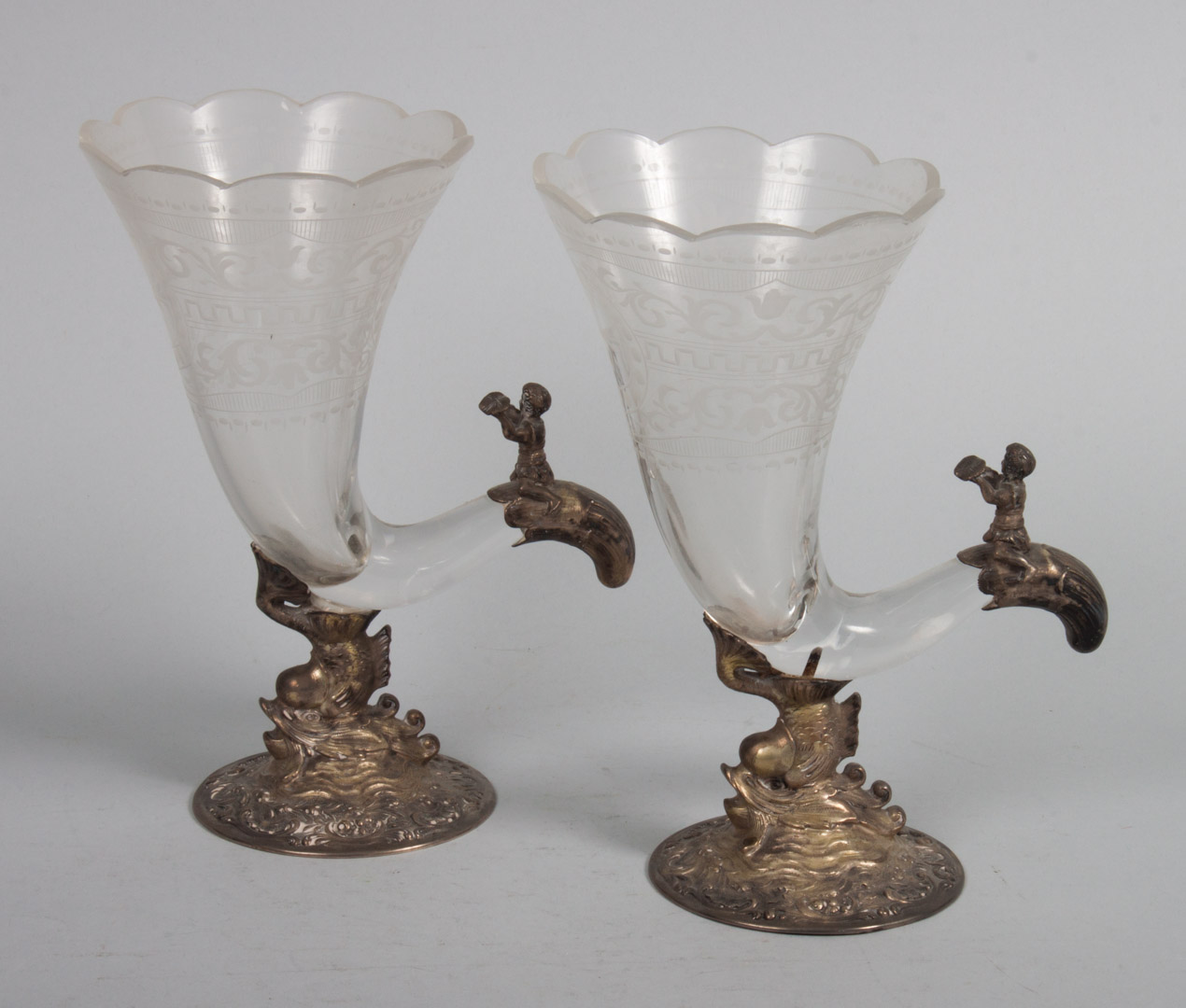 Appraisal: Pair of German silver glass cornucopia vases late th century