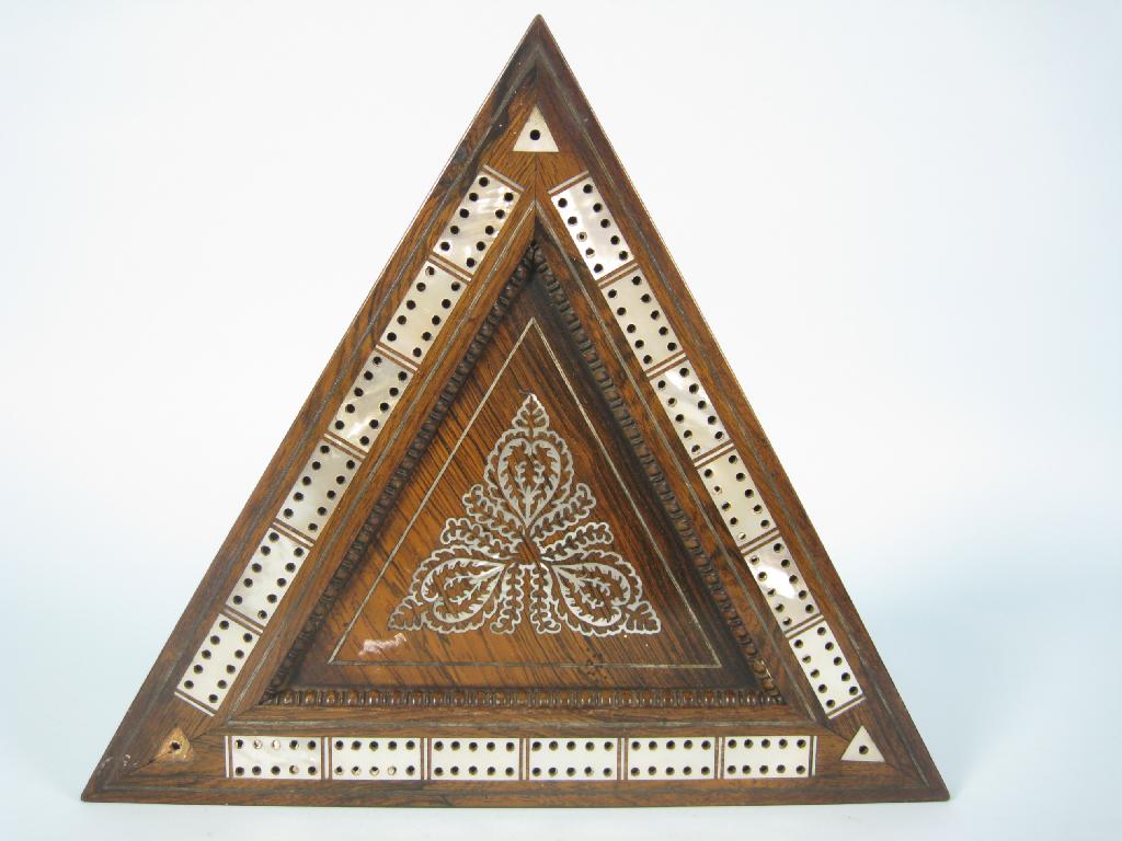 Appraisal: A th Century triangular rosewood Cribbage Board inlaid with mother