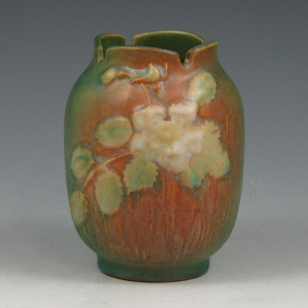 Appraisal: Roseville White Rose cabinet vase in green and brown Marked