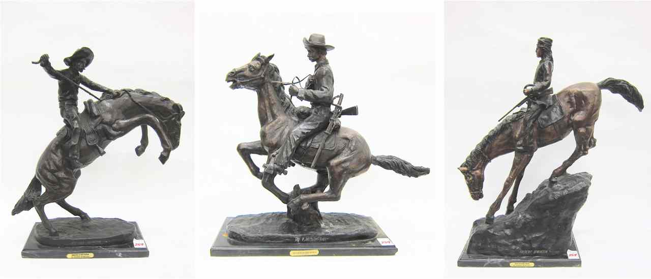 Appraisal: THREE WESTERN BRONZE HORSE AND RIDER SCULPTURES Frederic Remington's ''Bronco