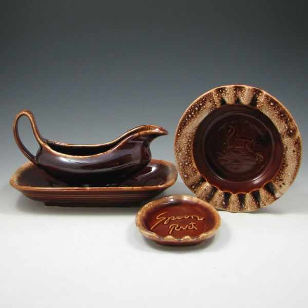 Appraisal: Hull Mirror Brown Gravy Bowl Saucer and Two Ashtrays marked