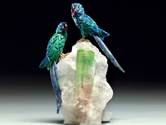 Appraisal: AZURITE MALACHITE MACAWS ON TOURMALINE QUARTZ Artist Peter Muller Brazil