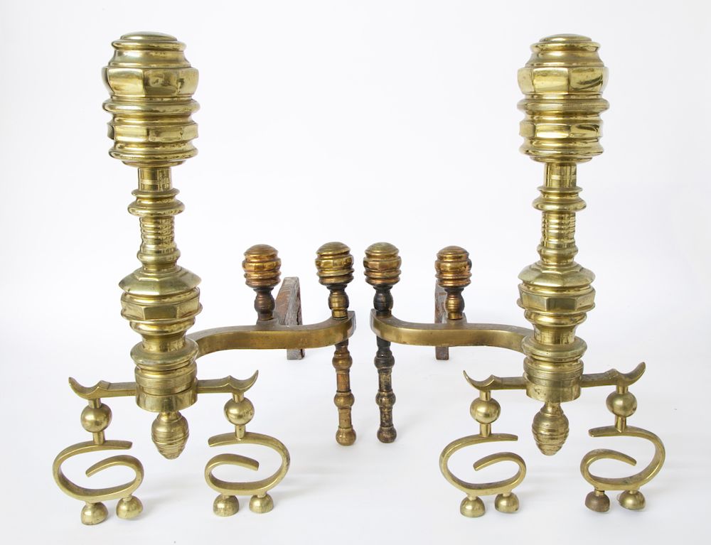 Appraisal: Pair of th Century Pennsylvania Multi-turned Brass Andirons Exclusive on