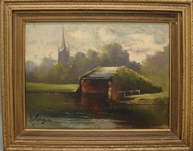 Appraisal: James Topping Water's edge scene with church in distance oil