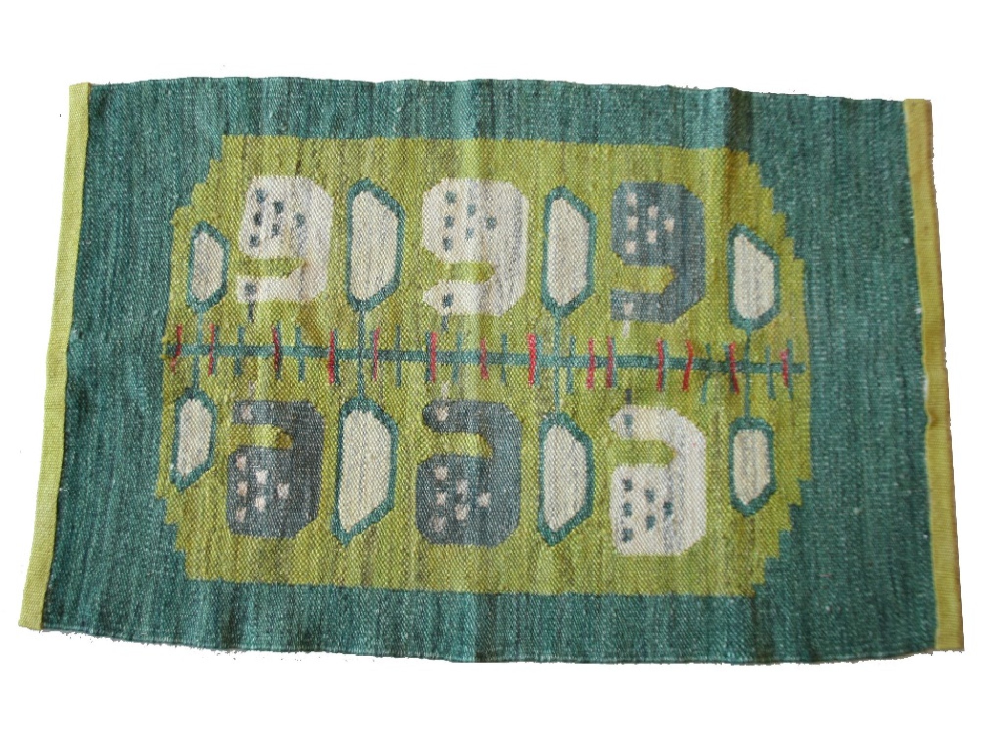 Appraisal: Good quality small green Kelim rug decorated with birds and