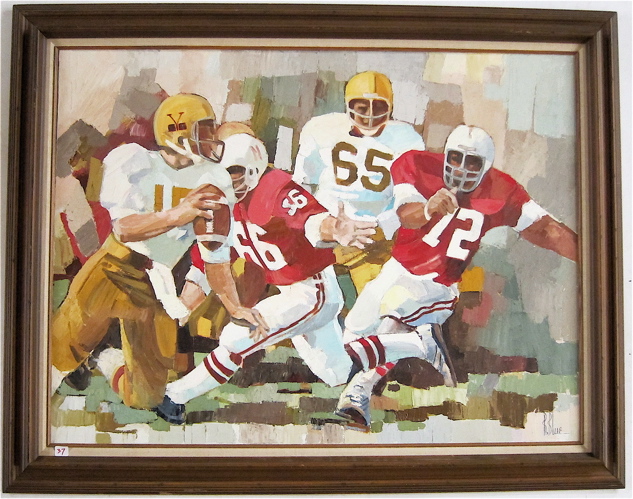 Appraisal: BOB BLUE OIL ON CANVAS Massachusetts - Football Game Image