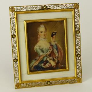 Appraisal: Antique Hand Painted Portrait Miniature in Bronze Filigree Frame Antique