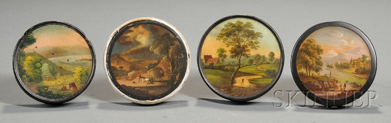 Appraisal: Four Round Snuff Boxes with Landscapes early th century black