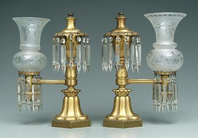 Appraisal: Pair Argand lamps hexagonal bases with urn tops labeled Messenger