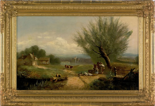 Appraisal: European oil on canvas landscape th c with figures and