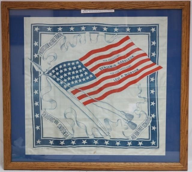 Appraisal: BENJAMIN HARRISON AND LEVI MORTON PRESIDENTIALHANDKERCHIEF CAMPAIGN BANNER FROM JUNE