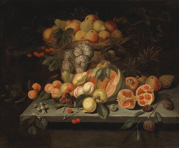 Appraisal: French School th Century A still life with pomegranates peaches