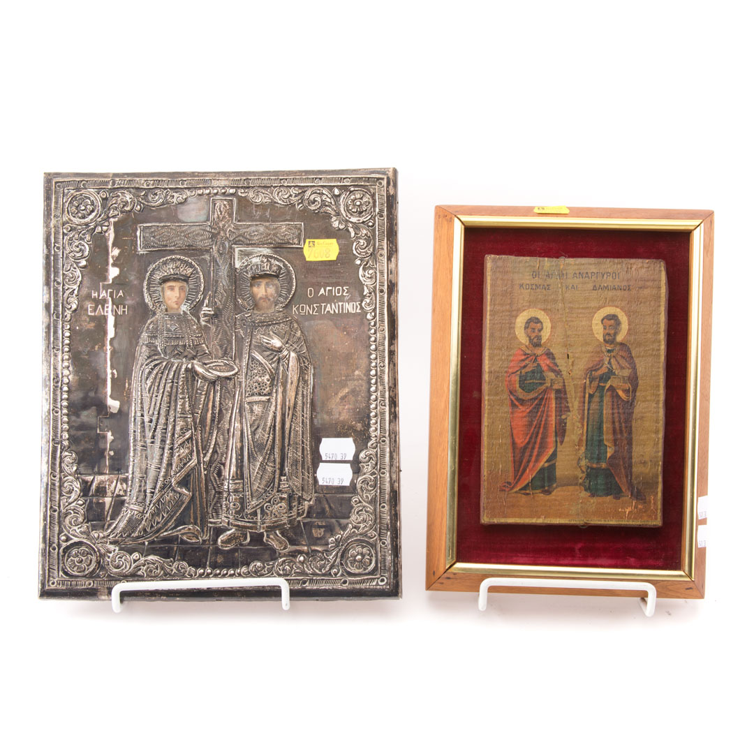 Appraisal: Two Greek icons one depicting two saints tempera on wood