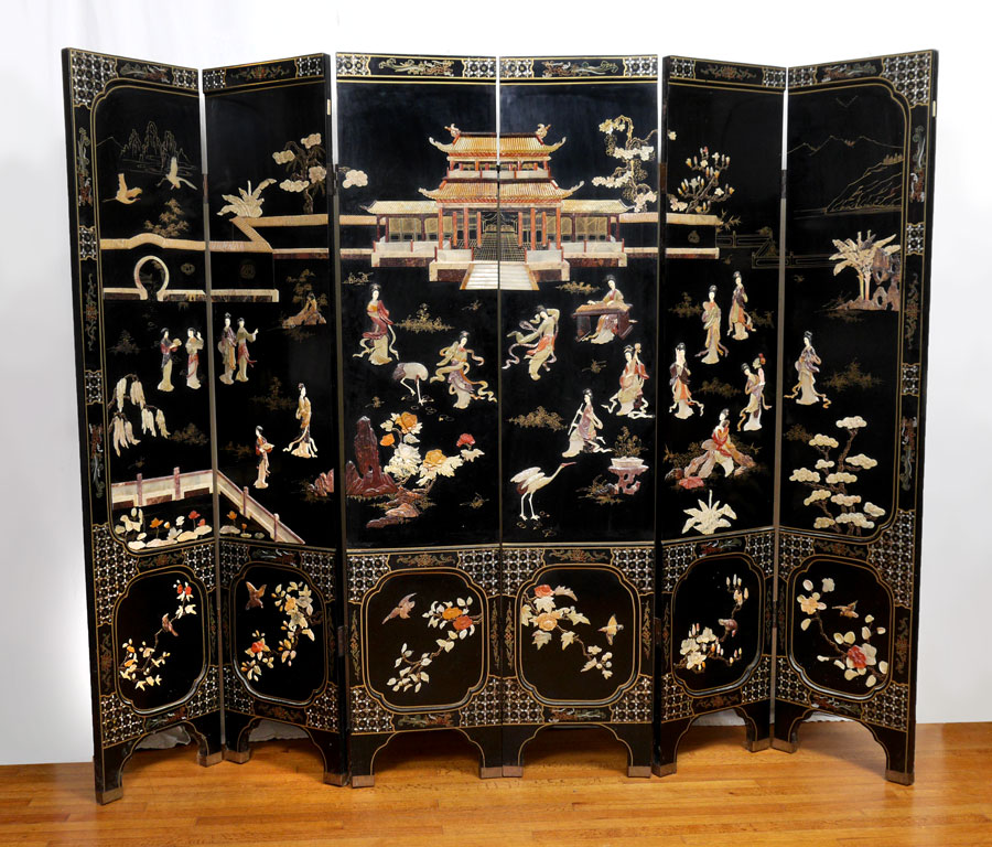 Appraisal: PANEL CHINESE COROMANDEL SCREEN Stone overlay gilt polychrome and mother