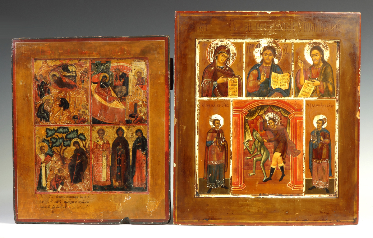 Appraisal: Two Russian Icons Left th cent Quadripartite Icon Depicting the