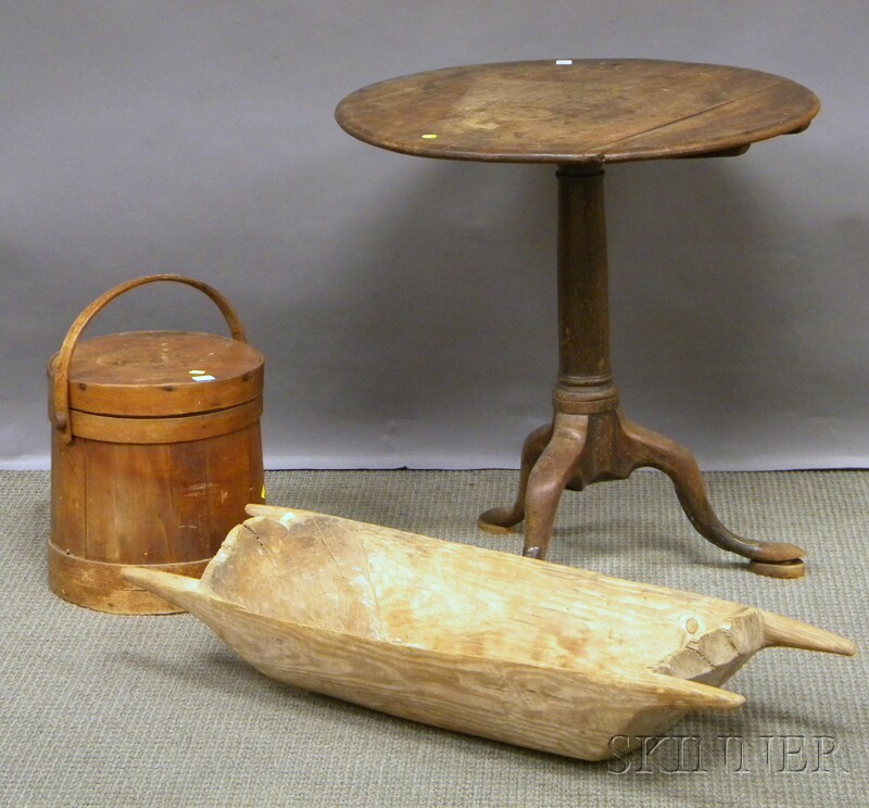 Appraisal: Three Accessory and Furniture Items a firkin hewn wood bowl