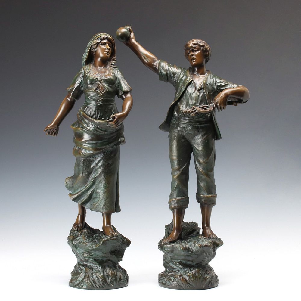 Appraisal: SPELTER FIGURES IN BROWN AND GREEN PATINA The peasant youth